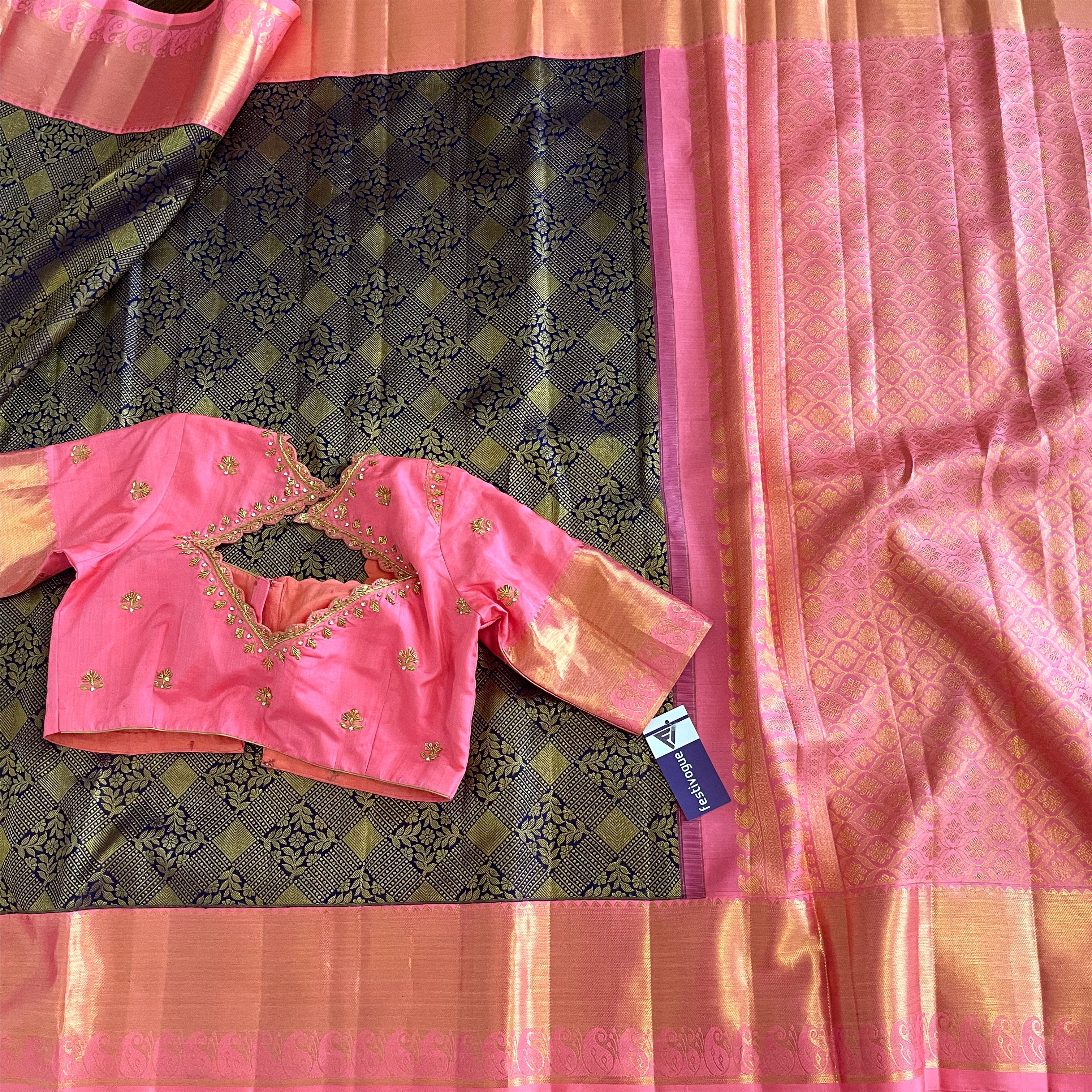 Prussian Blue and Pink Kanchipattu Saree
