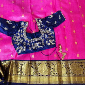 Hot Pink and Navy Blue Checks with Butta Kanchipuram Saree
