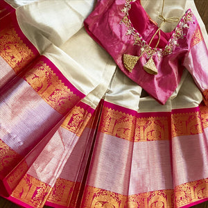 Offwhite and Magenta Kuppadam Tissue Silk Saree