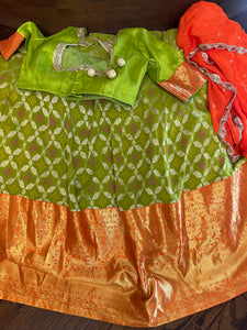 Green and Orange Bandhini Kanchi lehenga