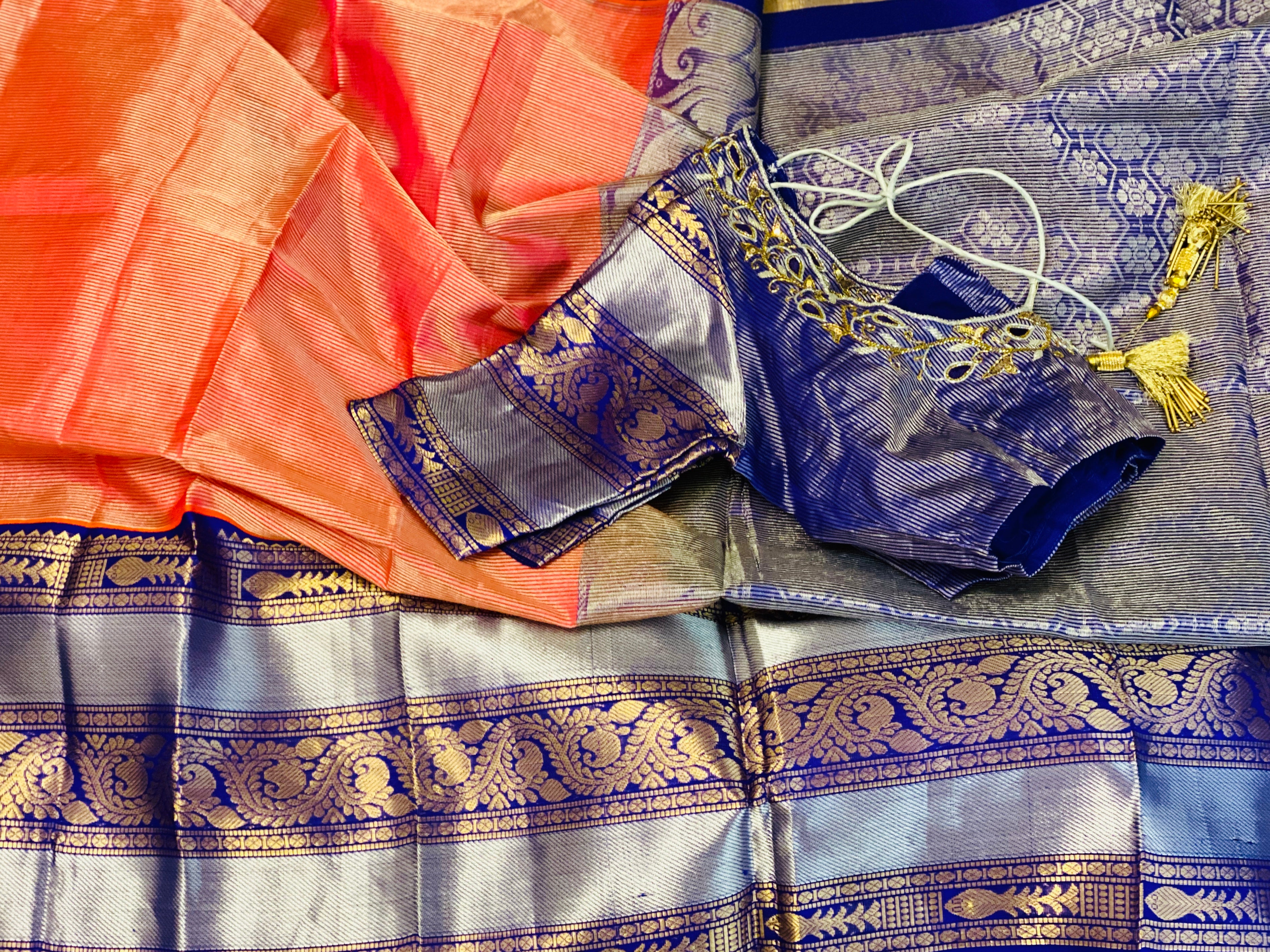 Peach and Navy Striped Pattern Kuppadam Tissue Silk Saree