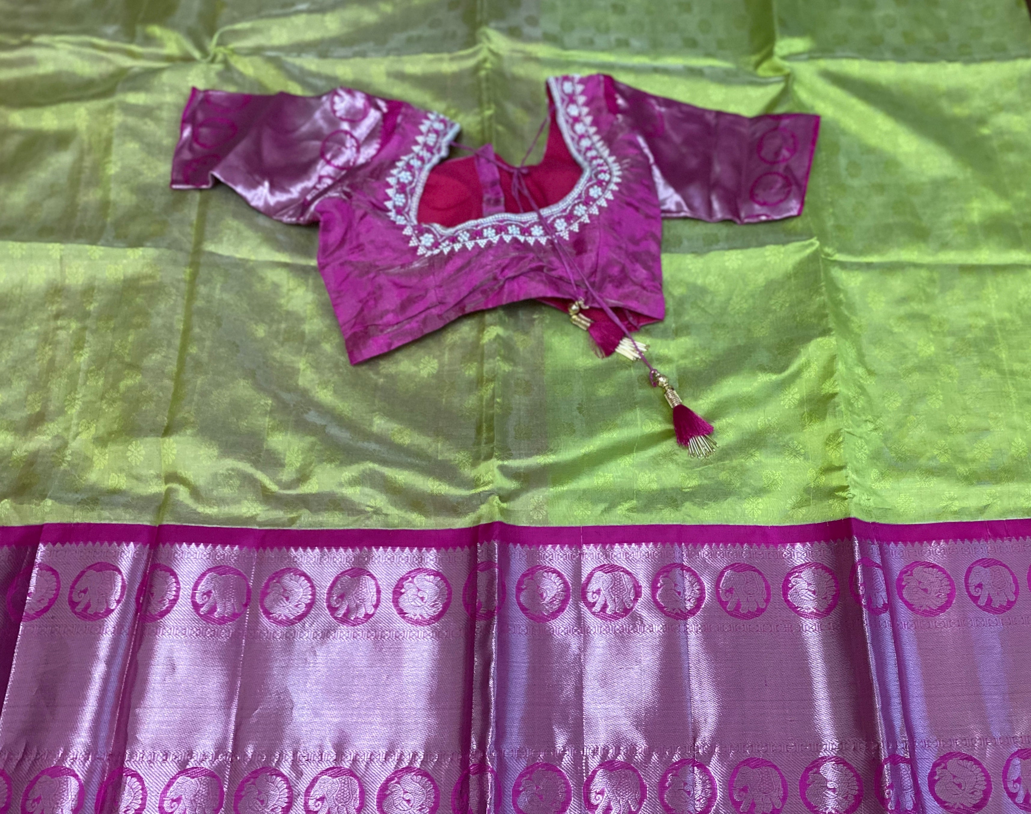 Green and Fuscia Elephant motif Kuppadam Tissue Silk Saree