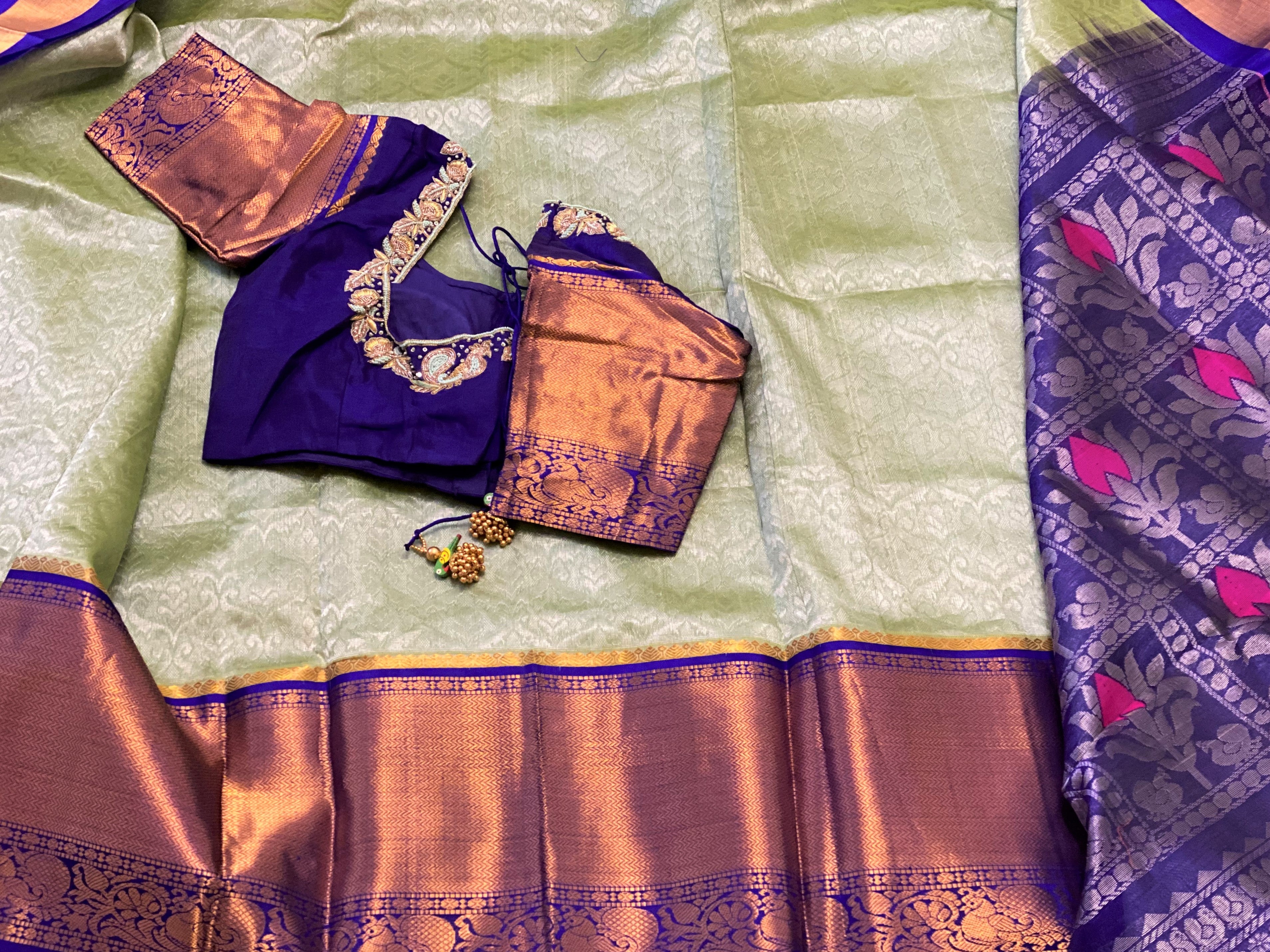 Pistachio Green and Royal Blue Kuppadam Tissue Silk Saree