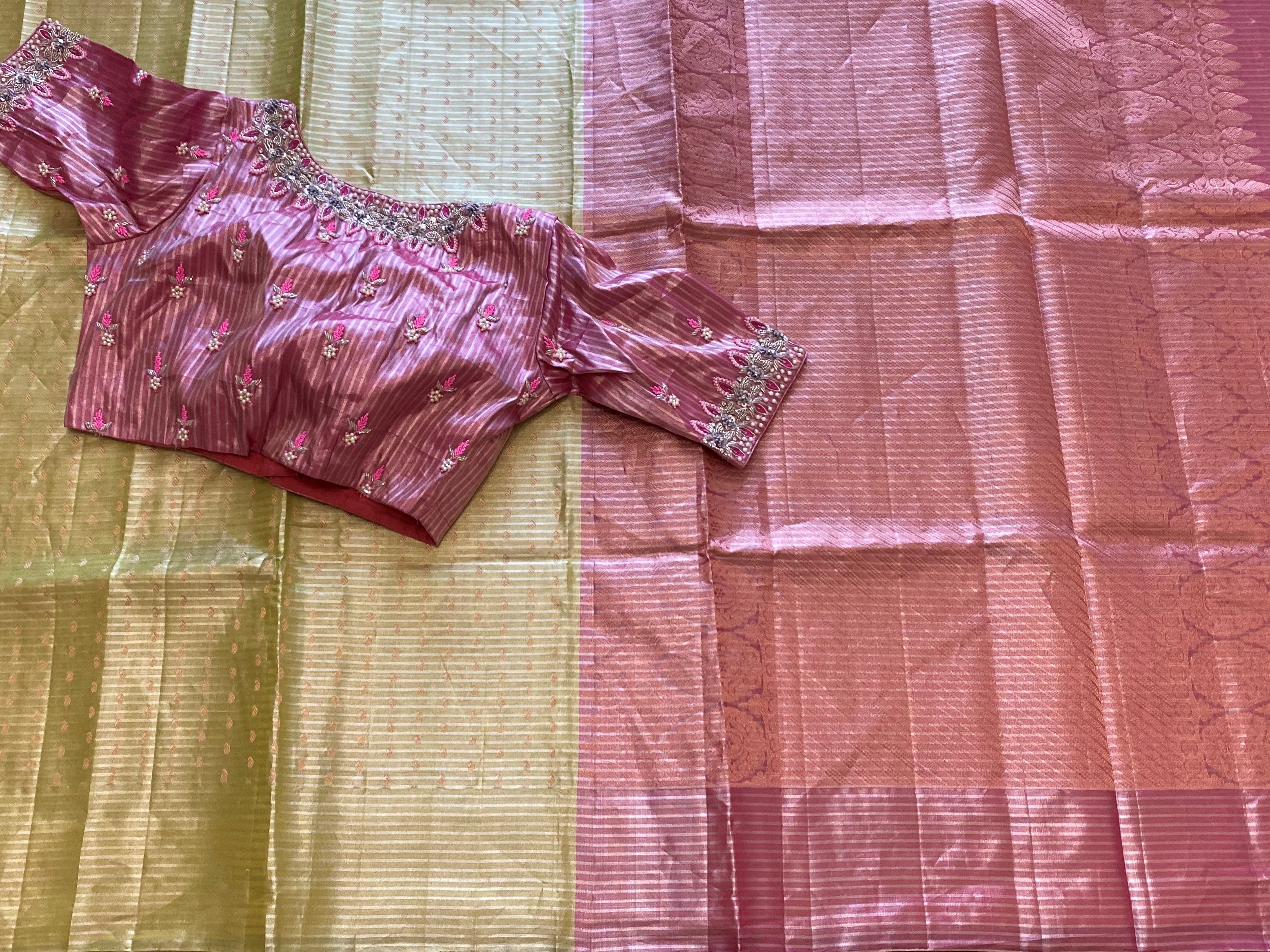 Lime green and Pink Borderless Kanchi Tissue Saree