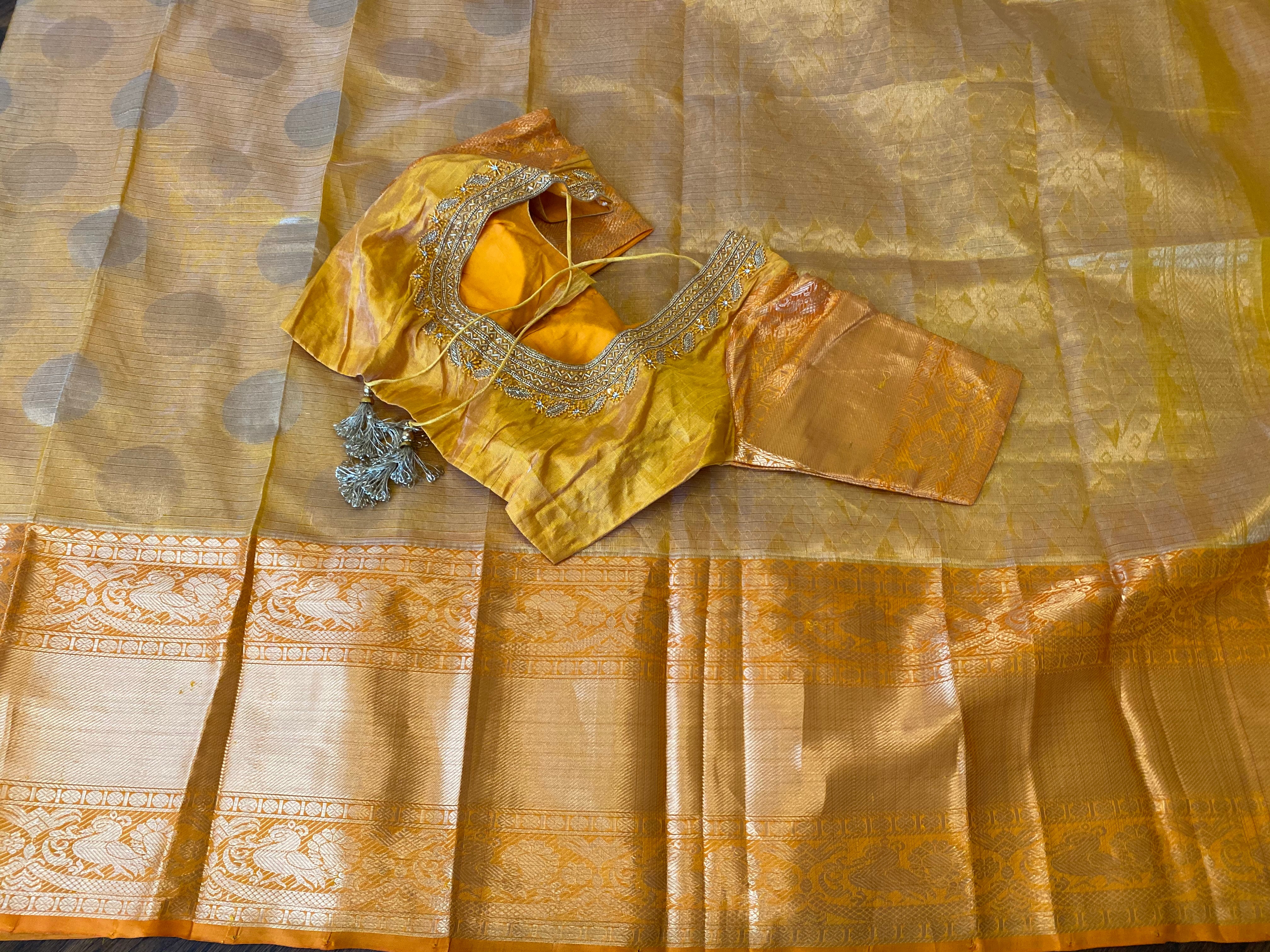 Butter Yellow Kuppadam Tissue Silk Saree