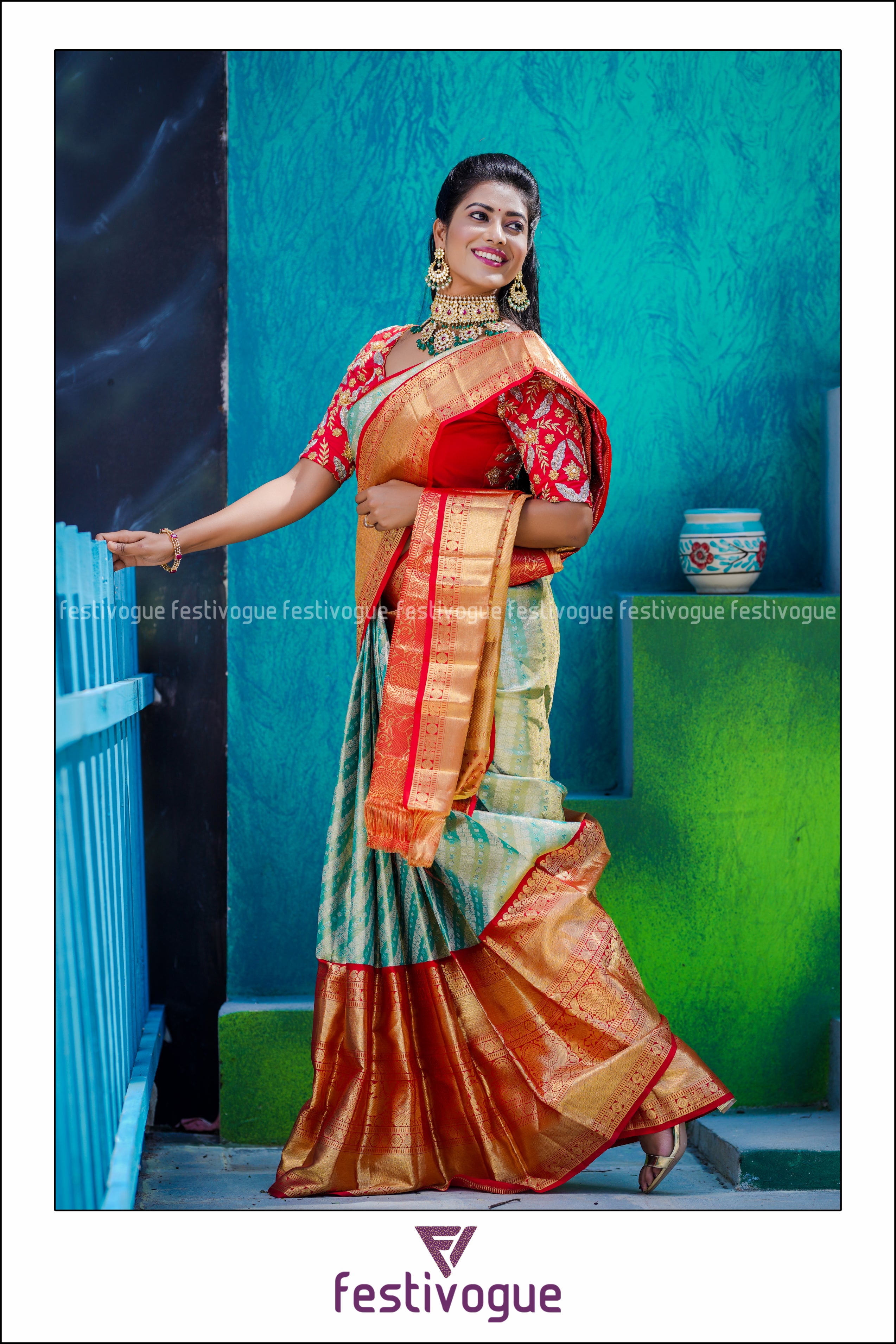 Teal and Red Stripes Patterned Kanchipattu Saree