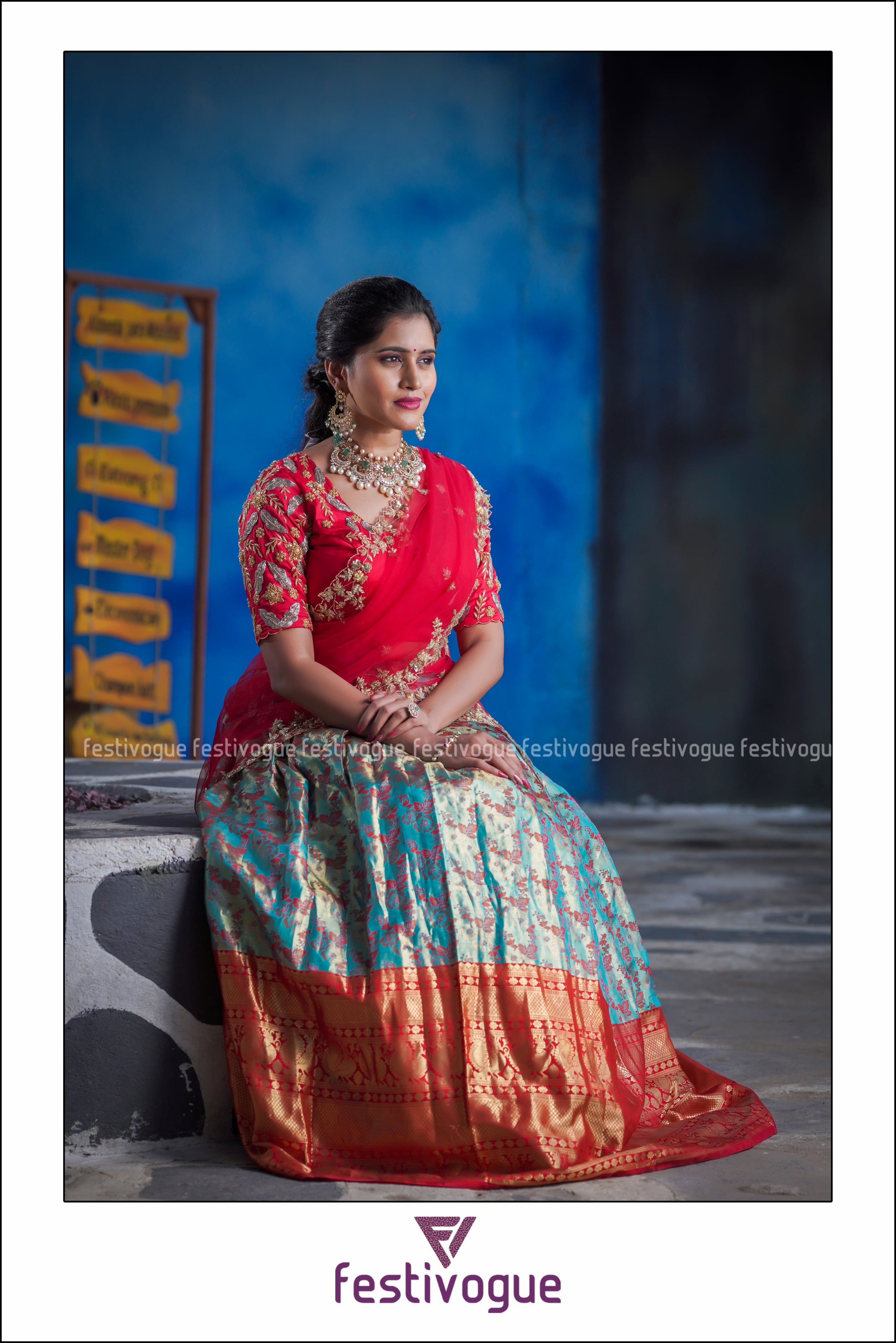 Turquoise and Red Floral Jaal Kanchipattu Lehenga