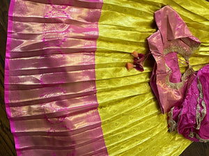 Yellow and Pink Kanchi Tissue Lehenga