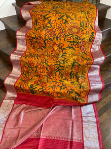 Yellow and Red Silver Kanchi Kalamkari Saree